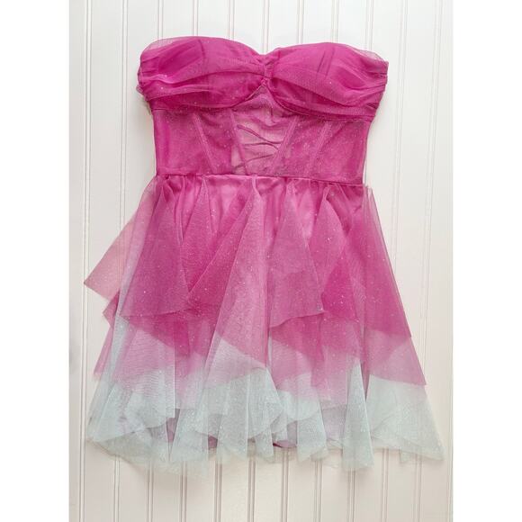 Pear Culture Strapless Corset Lace-Up Back Glitter Ombre Dress in Pink Size 3/4 - Picture 2 of 7